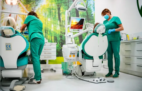 Dve doktorke pored dve stomatološke stolice, ispred zida sa šumom